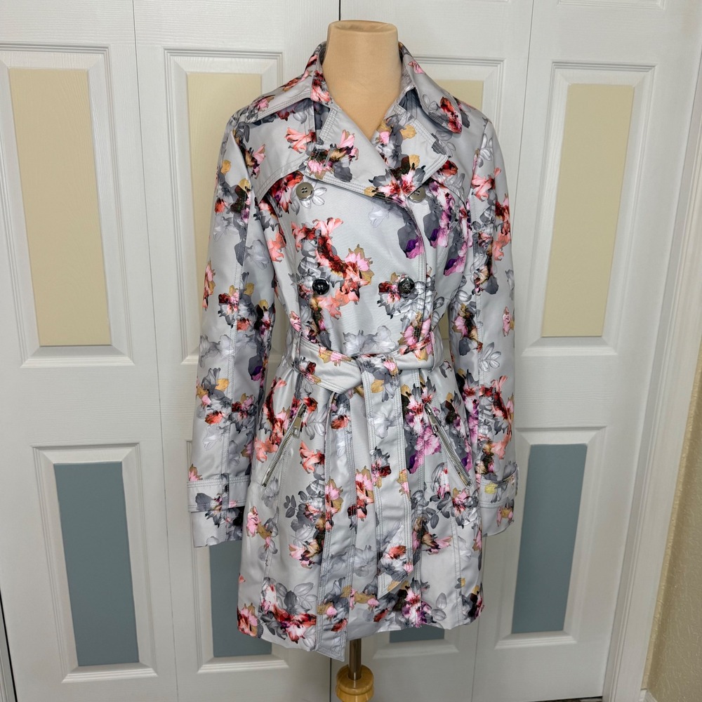 Guess Womens Silver Gray Floral Double Breasted Trench Coat Belted Grey Pink S